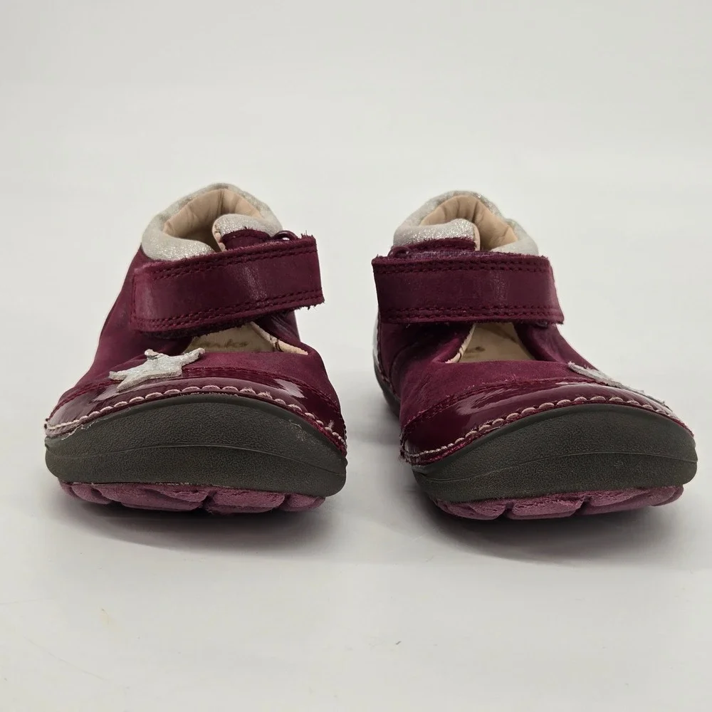Clarks First Shoes Tiny Mist Plum Burgundy Leather Mary Jane Stars Shoes Sz 6W
